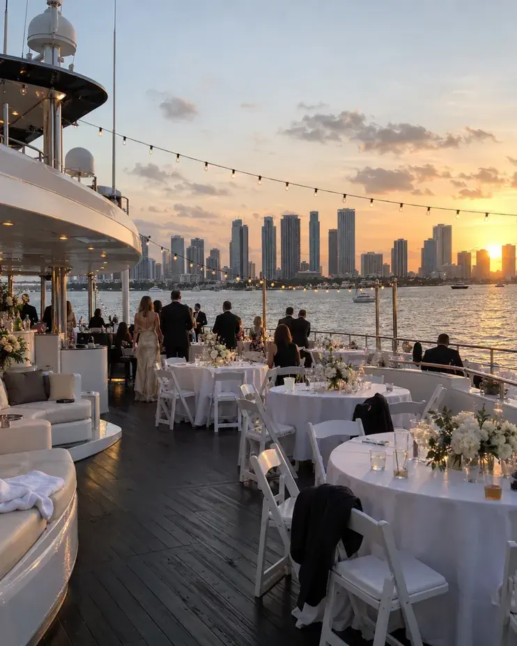 Wedding reception on an event yacht in Miami at dusk