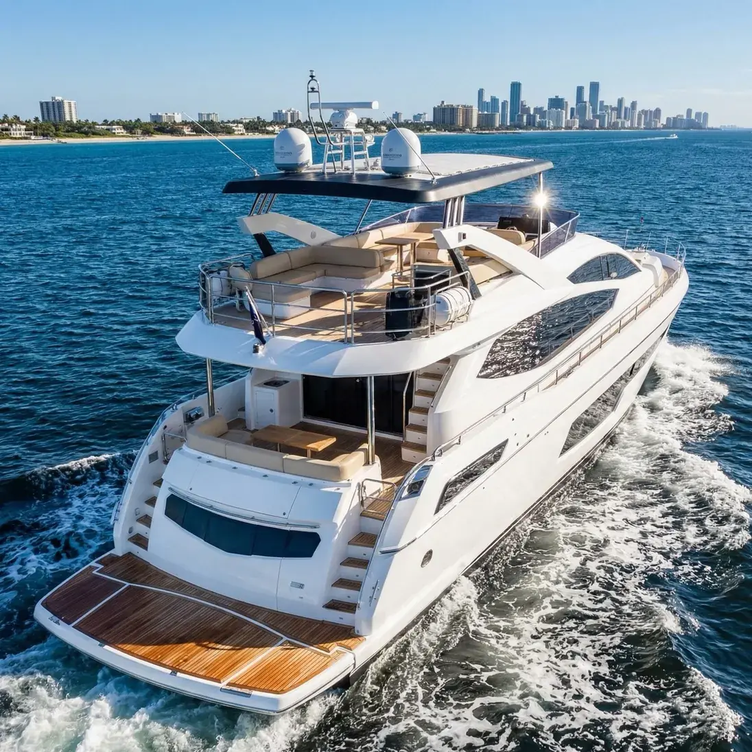 Private yacht rental in Miami — Sunseeker 75 cruising on Biscayne Bay