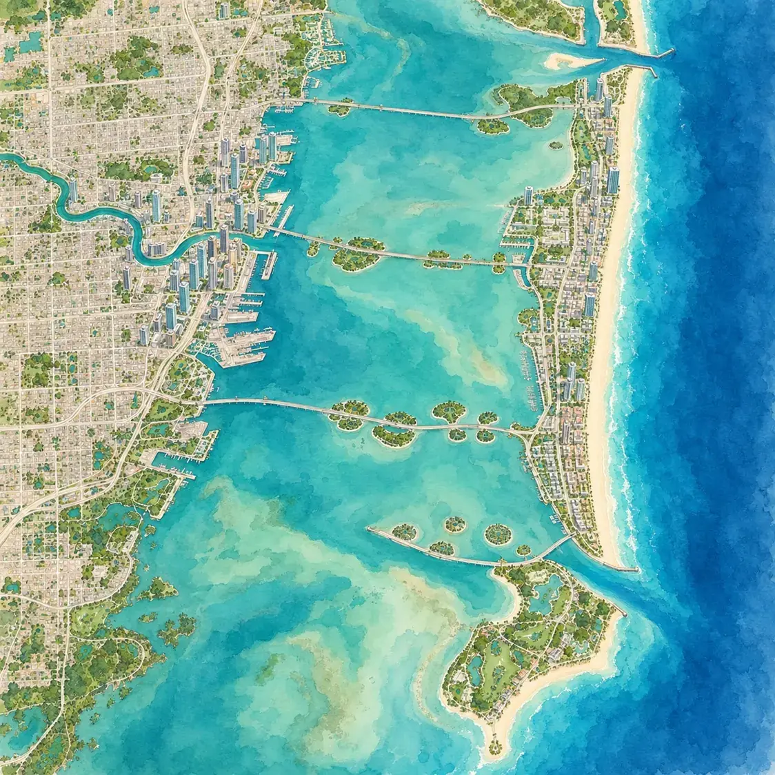 Illustrated map of Biscayne Bay, Miami Beach and downtown Miami with yacht charter stops