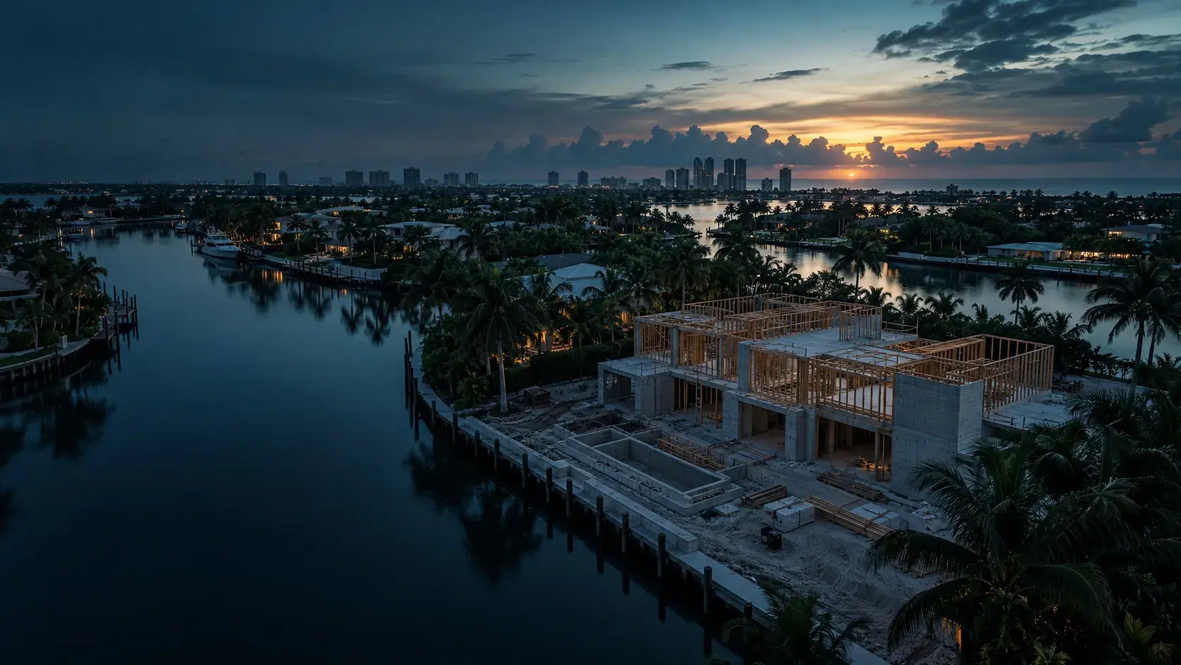 Aerial view of a residential construction site in South Florida at dawn