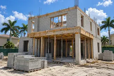 Concrete block home under construction on a South Florida lot