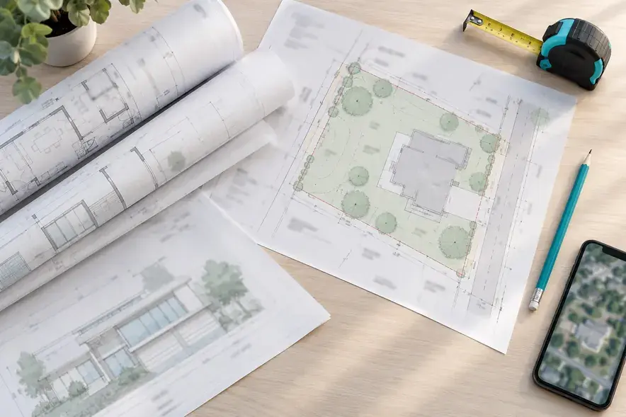 Architectural plans, a property survey and a phone on a desk