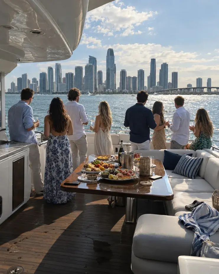 Corporate yacht charter in Miami — team with catering on deck