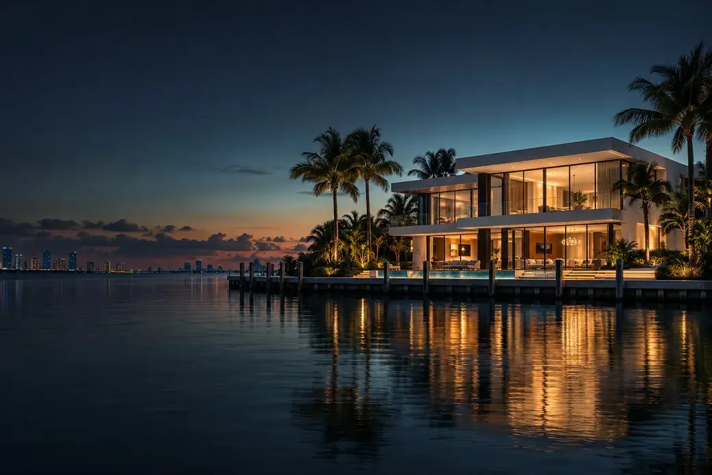 Visualization of a modern waterfront home in Miami at dusk