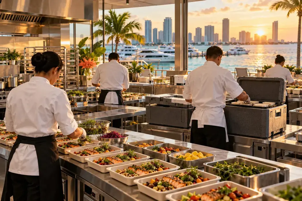 Catering kitchen in Miami: cooks packing trays into insulated boxes for delivery