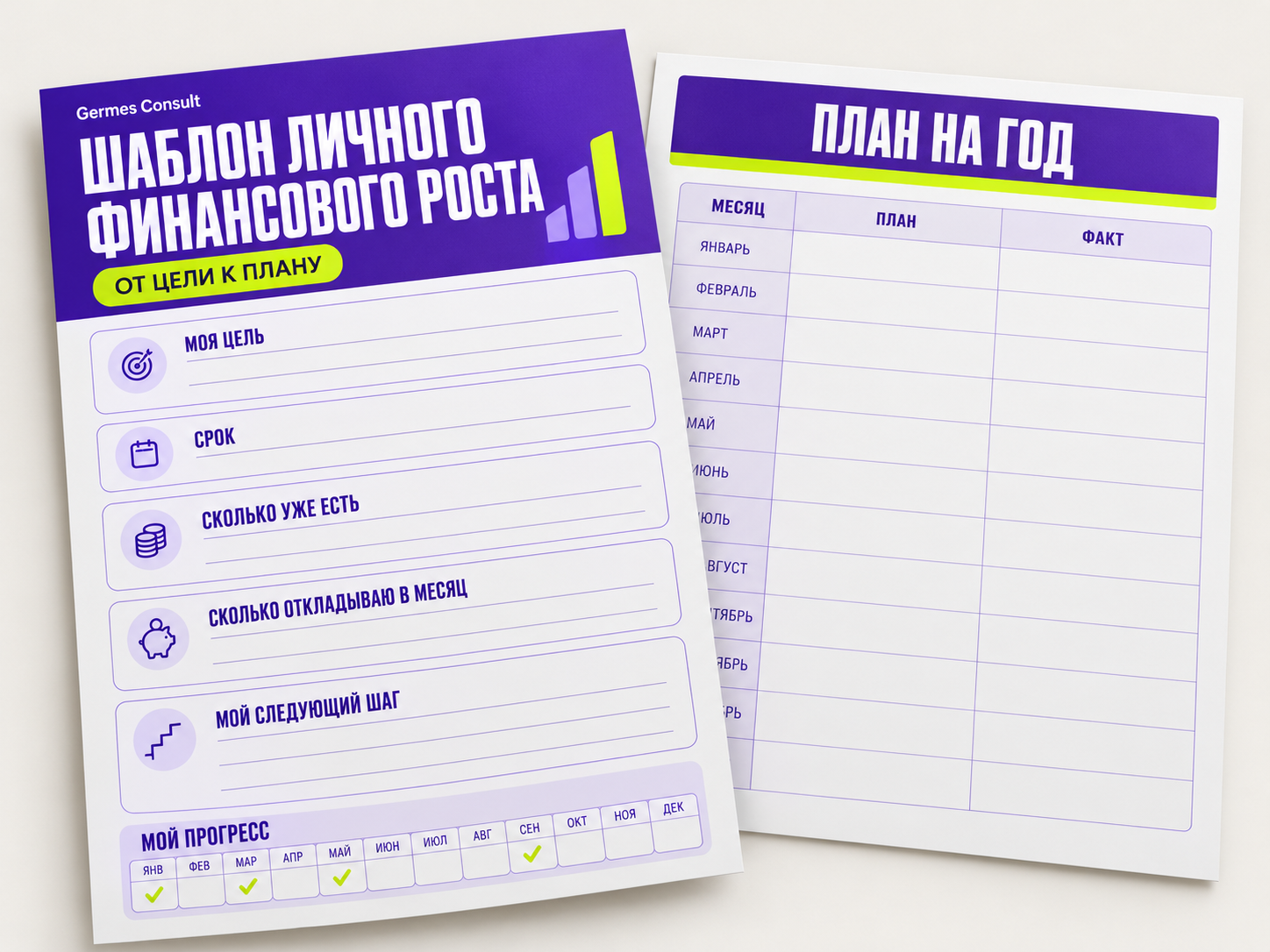 Мокап шаблона личного финансового роста: цель, срок, накопления и план на год