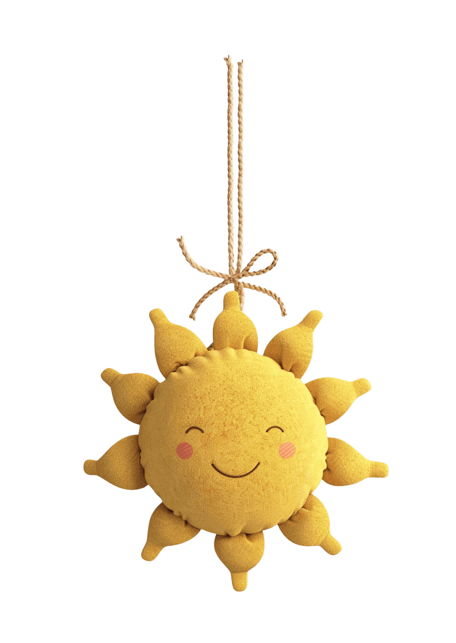 Мягкая игрушка в виде желтого солнышка, с милым улыбающимся лицом и румянцем