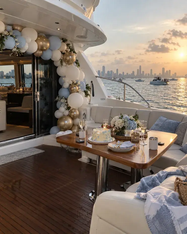 Birthday yacht rental in Miami — aft deck with balloons and cake at sunset