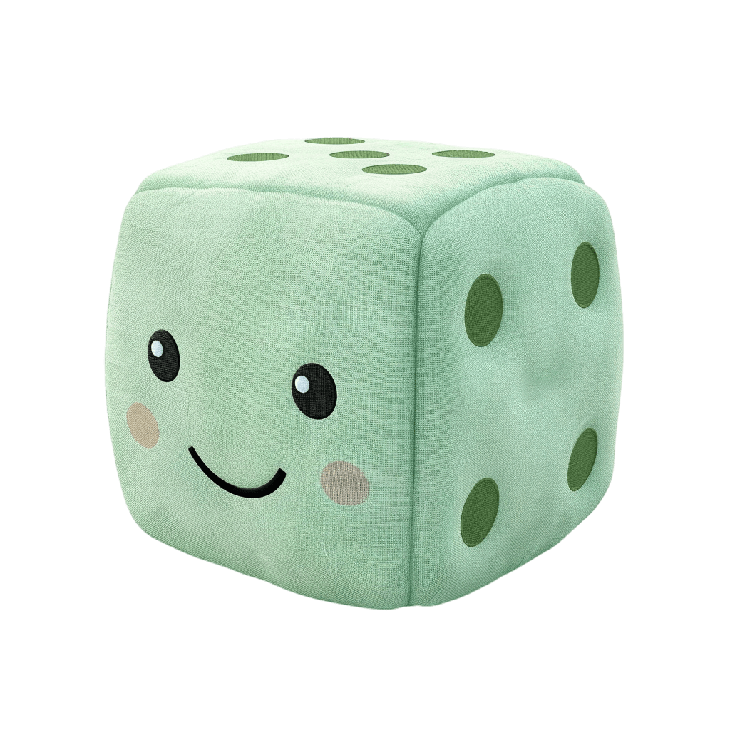 Зеленый игральный кубик с милой улыбкой и румянцем