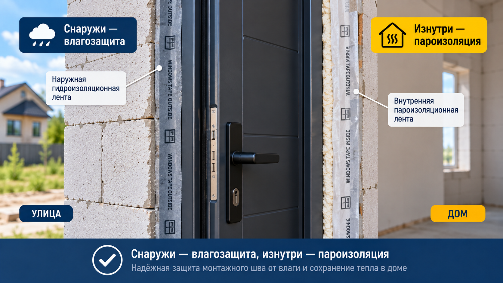 Герметизация монтажного шва двери в газобетоне