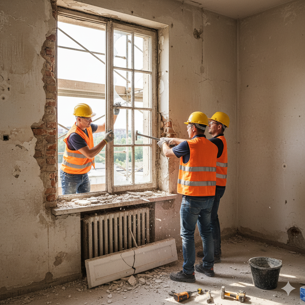 Аккуратный демонтаж старого деревянного окна в квартире в Алматы