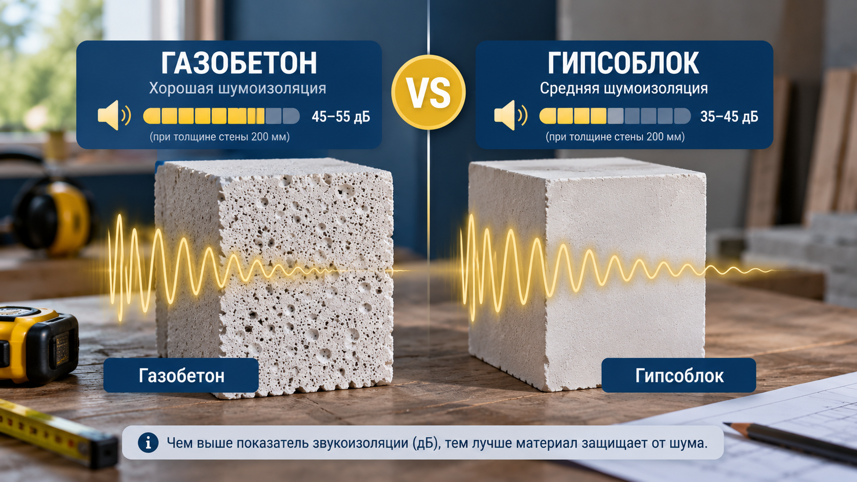 Сравнение газоблока и гипсоблока по шумоизоляции