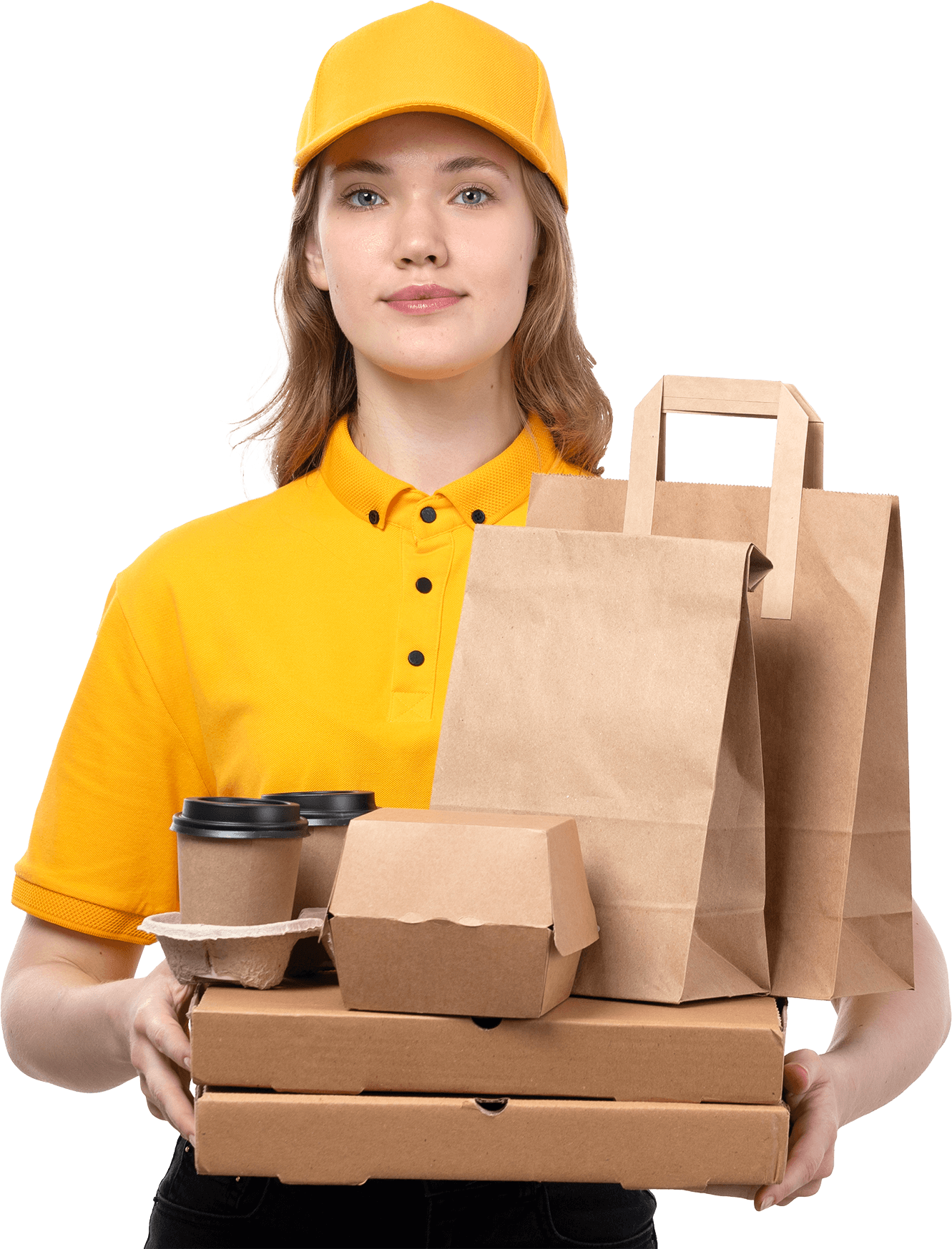 сотрудник фастфуда с бумажной упаковкой