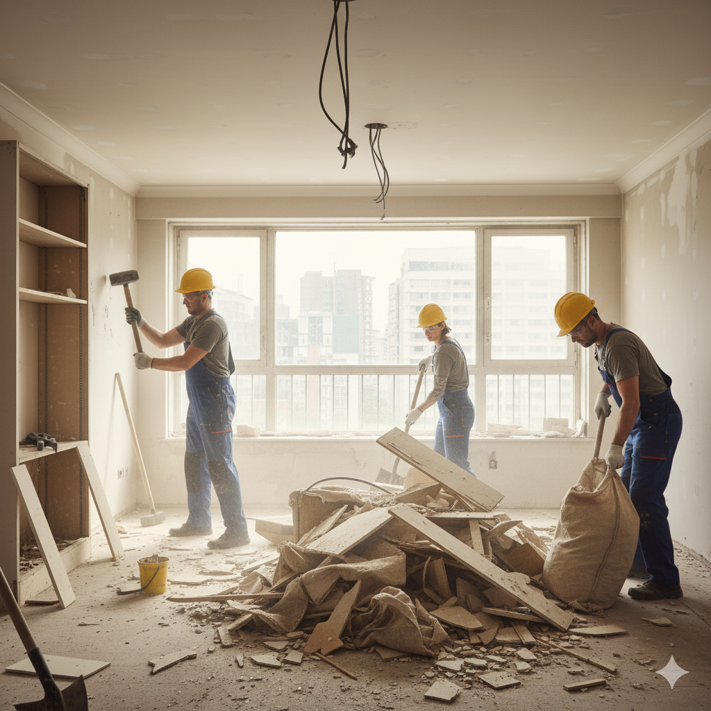 Демонтаж зала в квартире в Алматы. Снос стен и подготовка к ремонту.