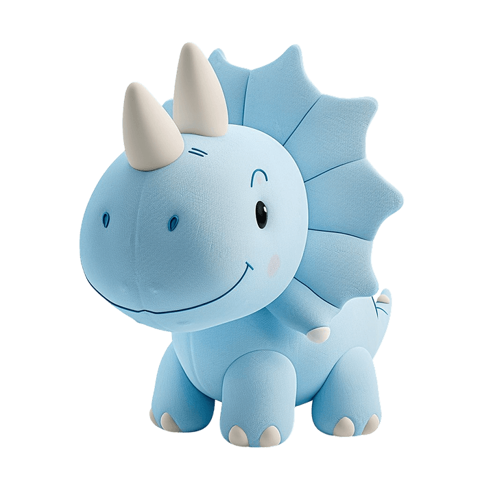 Үлкен мүйізі бар көгілдір түсті күлімсіреп жатқан динозавр түріндегі жұмсақ ойыншық