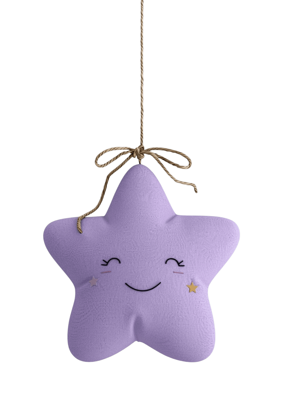 Күлгін жұлдыз түріндегі, сүйкімді жүзі күлімсіреп, қызғылт түсті жұмсақ ойыншық