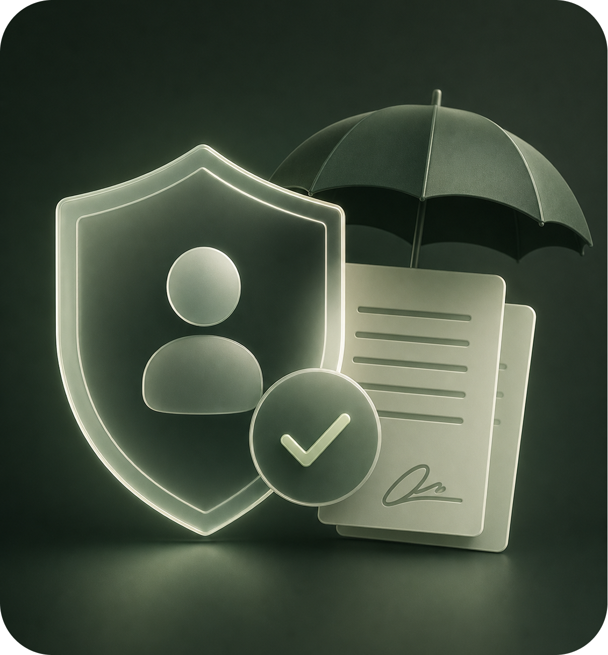 Abstract insurance shield, document and umbrella composition