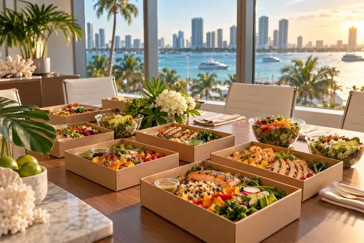 Office lunch catering in Miami: boxed salads and bowls on a meeting room table