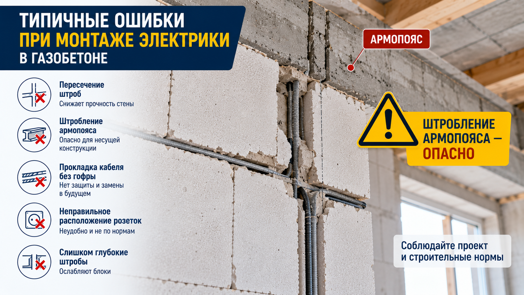Ошибка при монтаже электрики в газобетонной стене