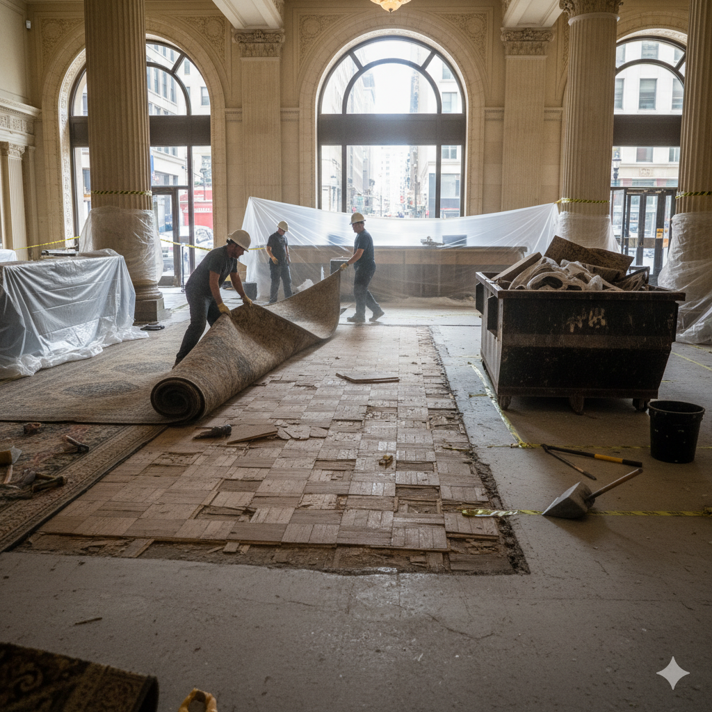 Демонтаж напольных покрытий в холлах гостиницы