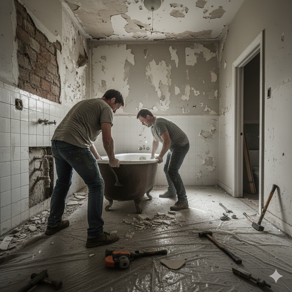 Аккуратный вынос тяжелой чугунной ванны