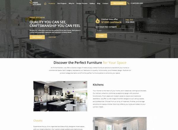 Animation de la section Produits de Prime Kitchens