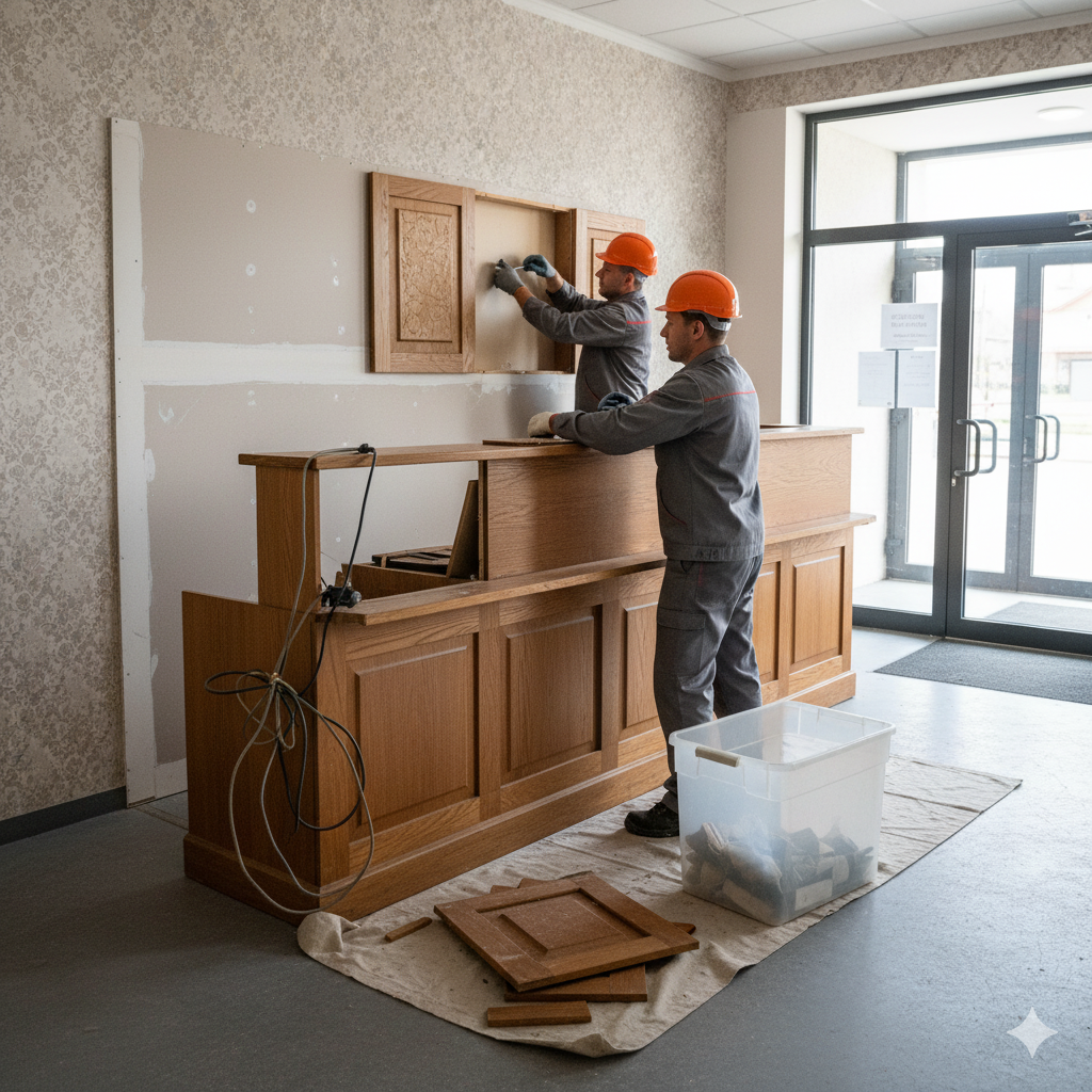 Демонтаж стойки ресепшн и входной группы хостела