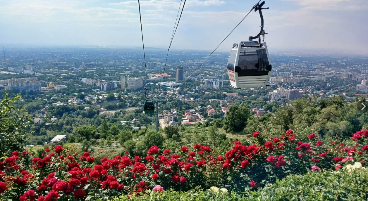 Kok-Tobe cable car above Almaty with panoramic city views