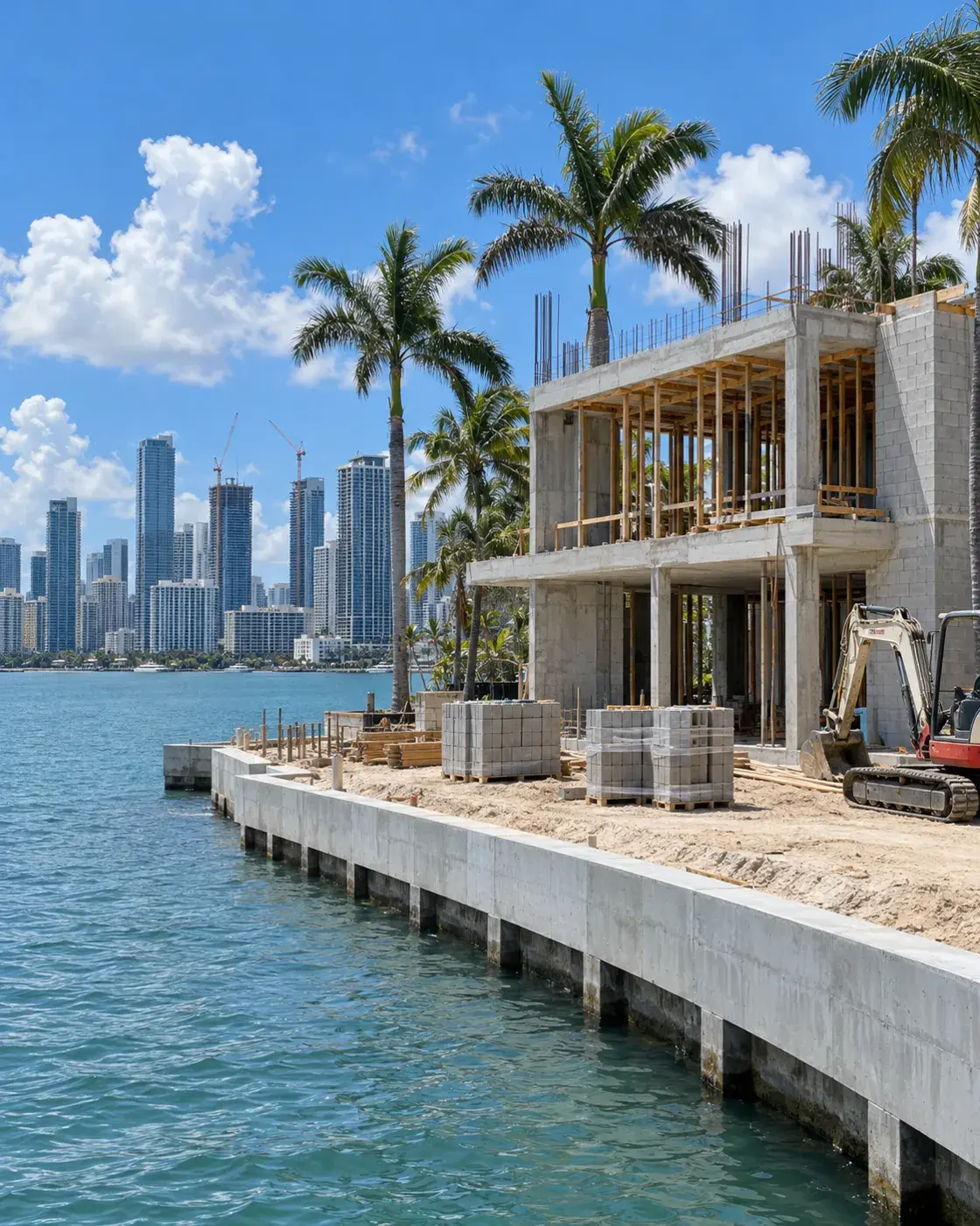 Waterfront home under construction on a Miami Beach lot, downtown Miami skyline across the bay