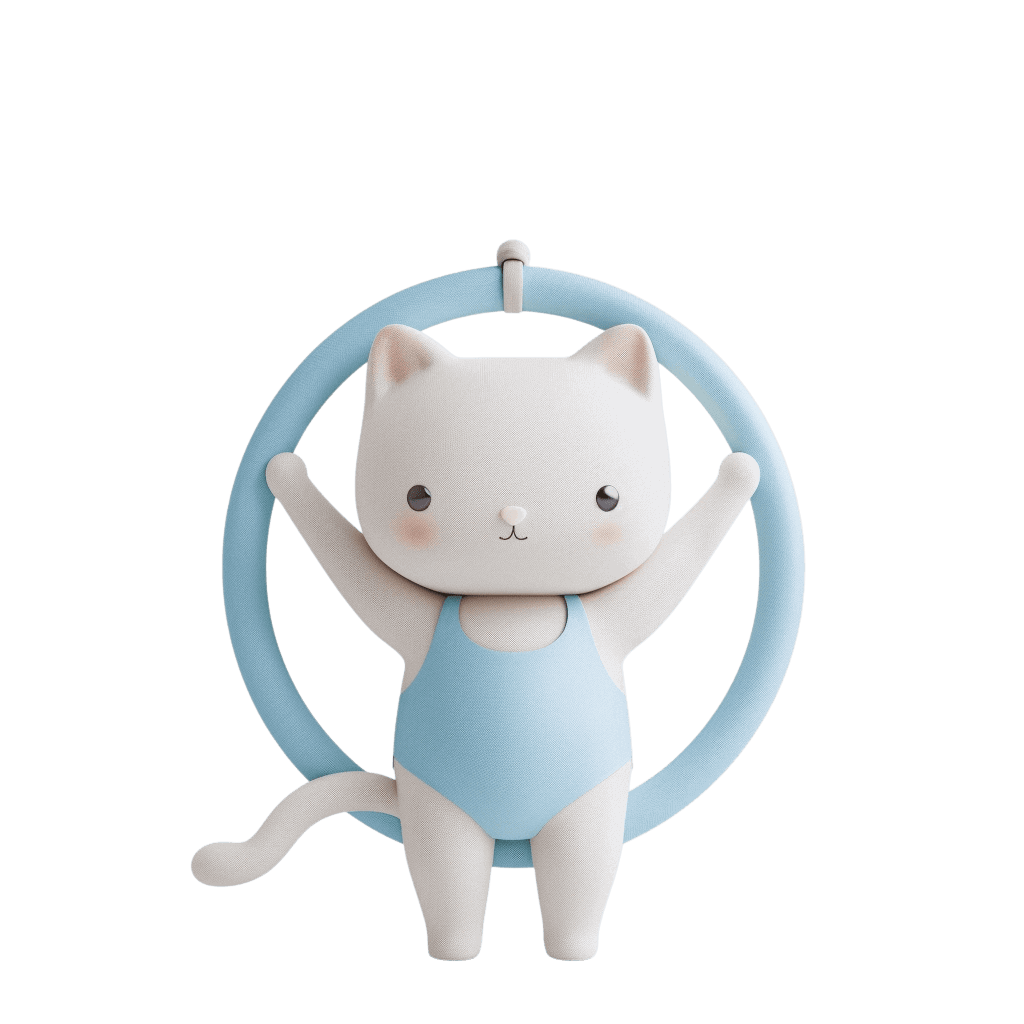 Мягкая игрушка в виде кошки, одетой в голубой гимнастический костюм, которая держит обруч