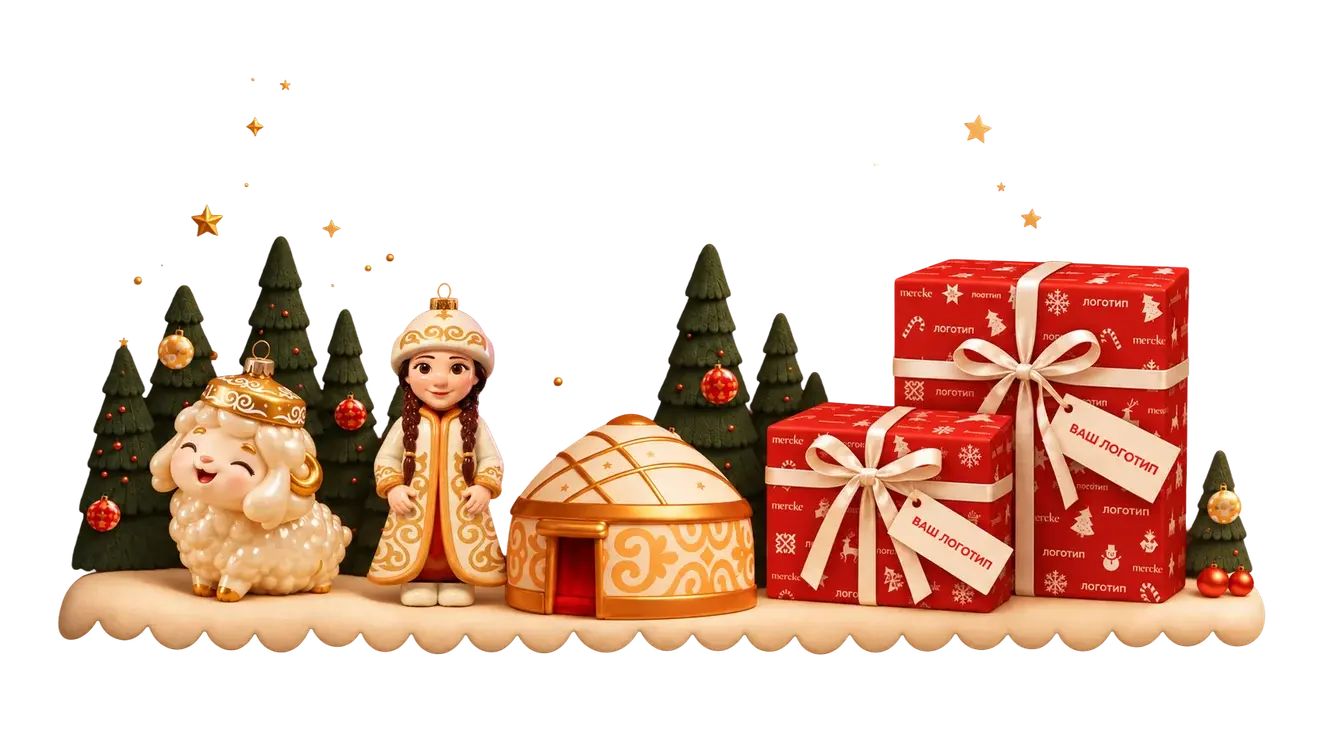Новогодние игрушки Mereke: барашек, девочка в национальном костюме, юрта и подарки с логотипом