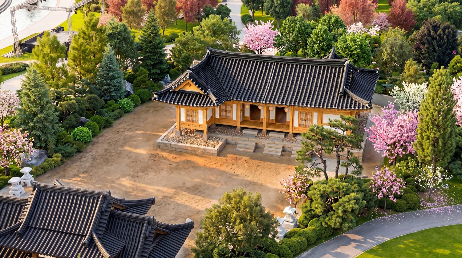 Hanok and gate in the K-PARK Korean Garden