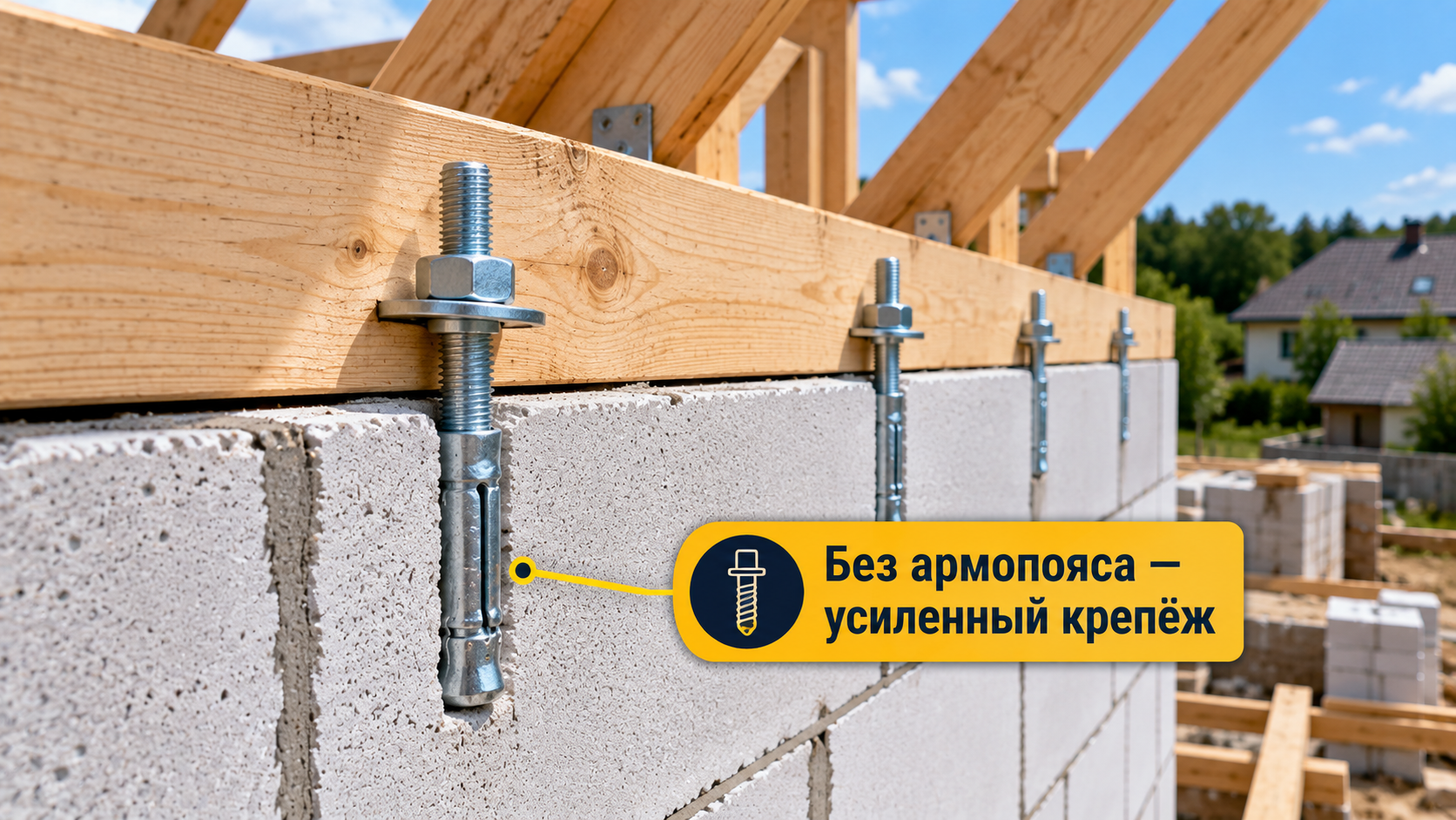 Крепление мауэрлата к газобетону без армопояса