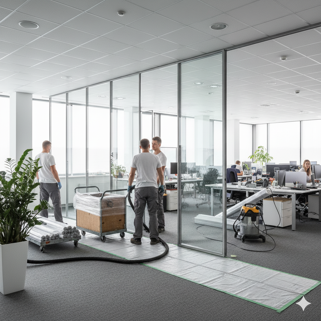 Демонтаж стеклянных офисных перегородок в БЦ Алматы