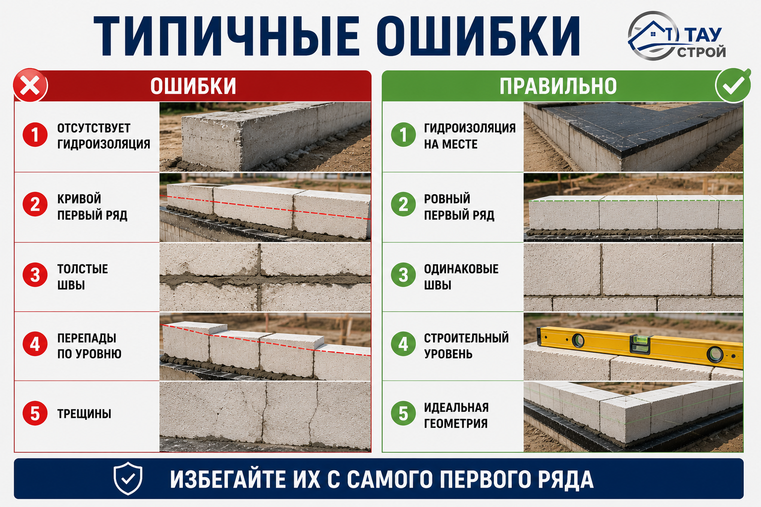Ошибки при кладке первого ряда газоблоков