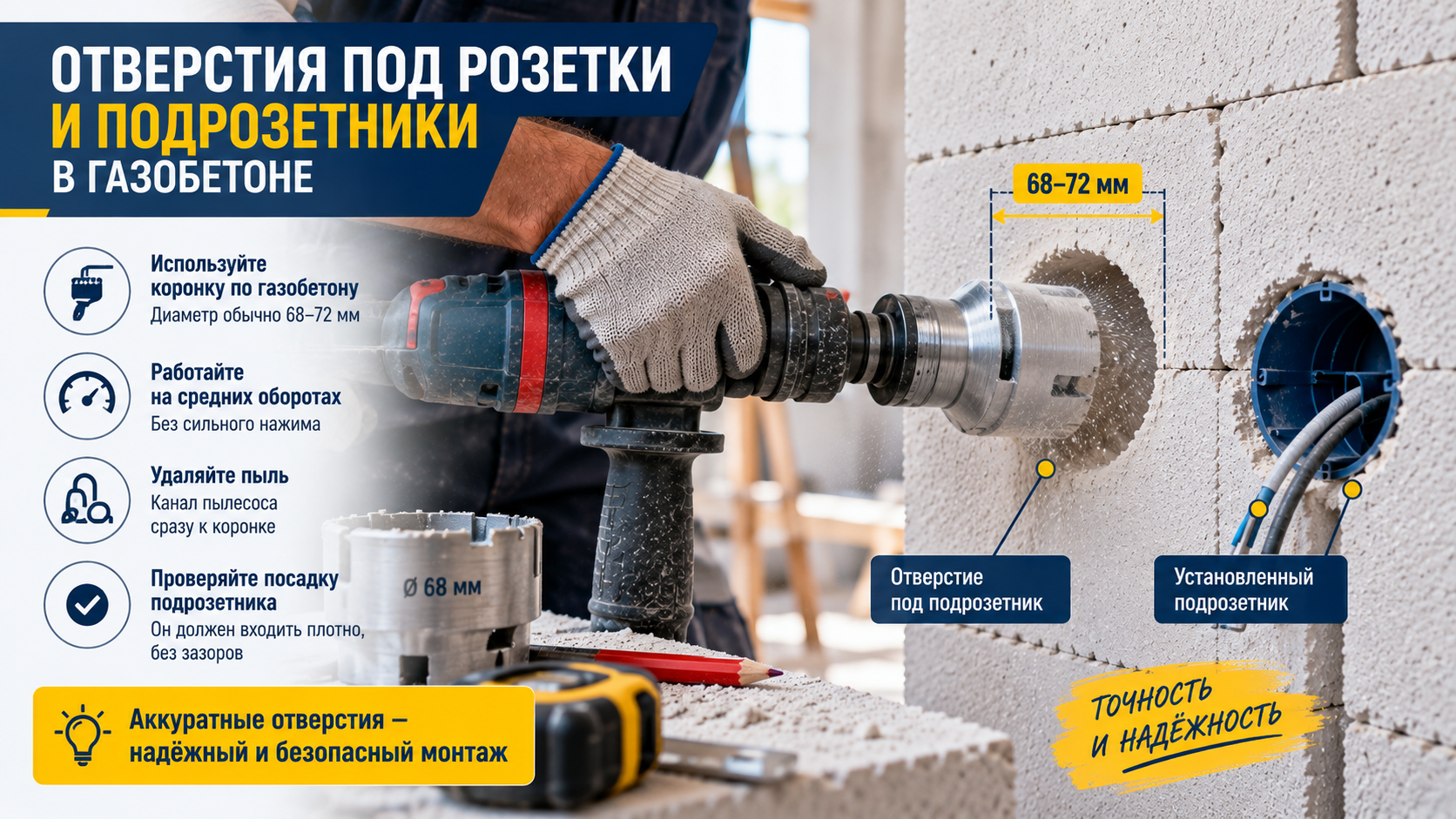Отверстие под розетку в газобетонной стене