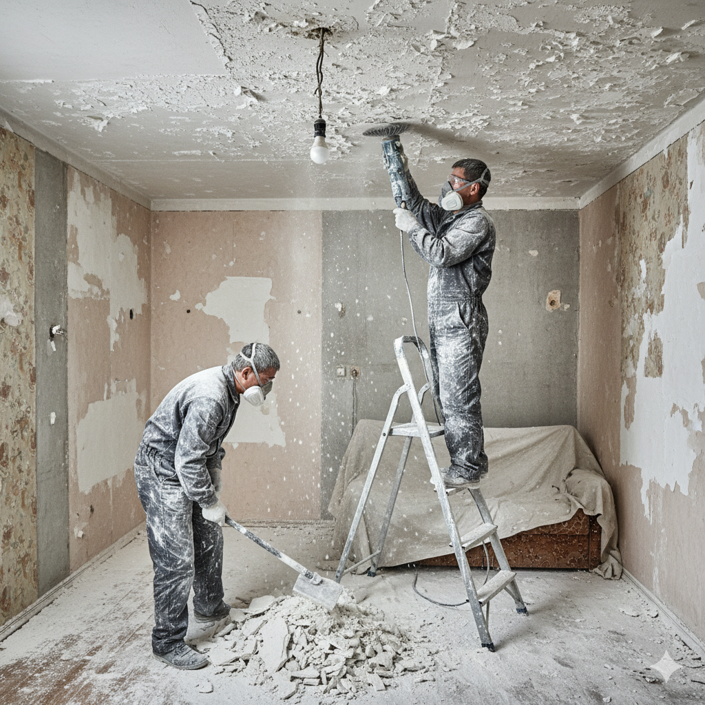 Очистка потолка от старой штукатурки и побелки