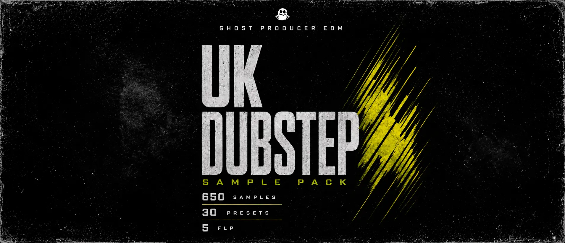UK Dubstep sample pack cover — 690+ royalty-free bass music samples, Serum presets and FL Studio project files for 140 BPM UK Dubstep production