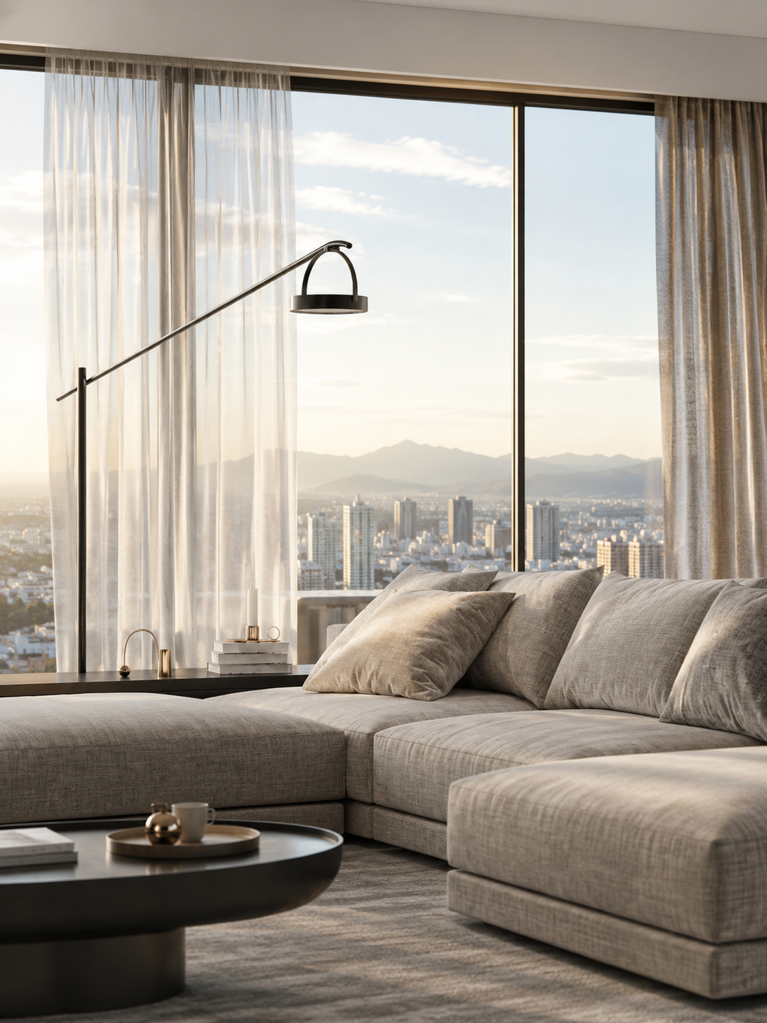Уютная гостиная CityLux с диваном и панорамным окном с видом на город и горы