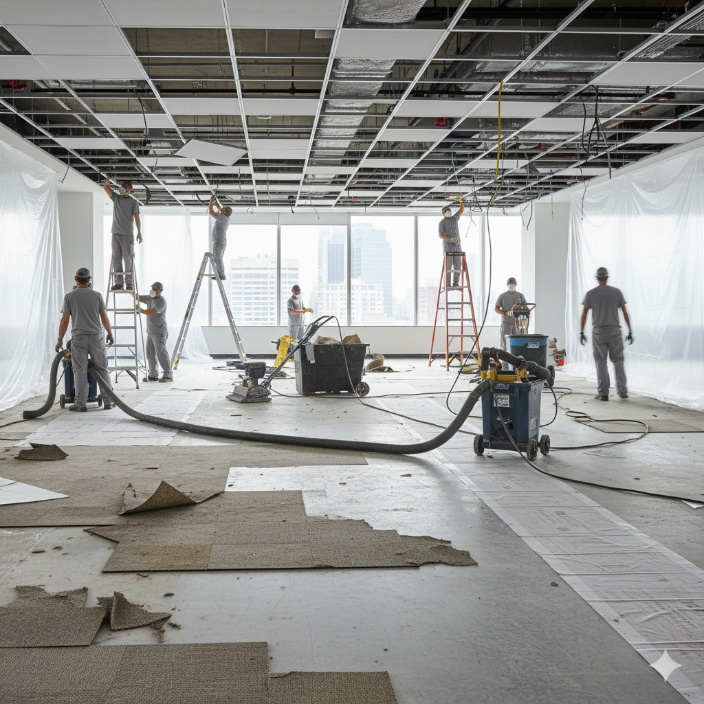 Демонтаж потолка Армстронг и ковролина в офисе