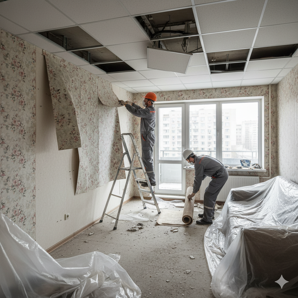 Снятие старой отделки в зале