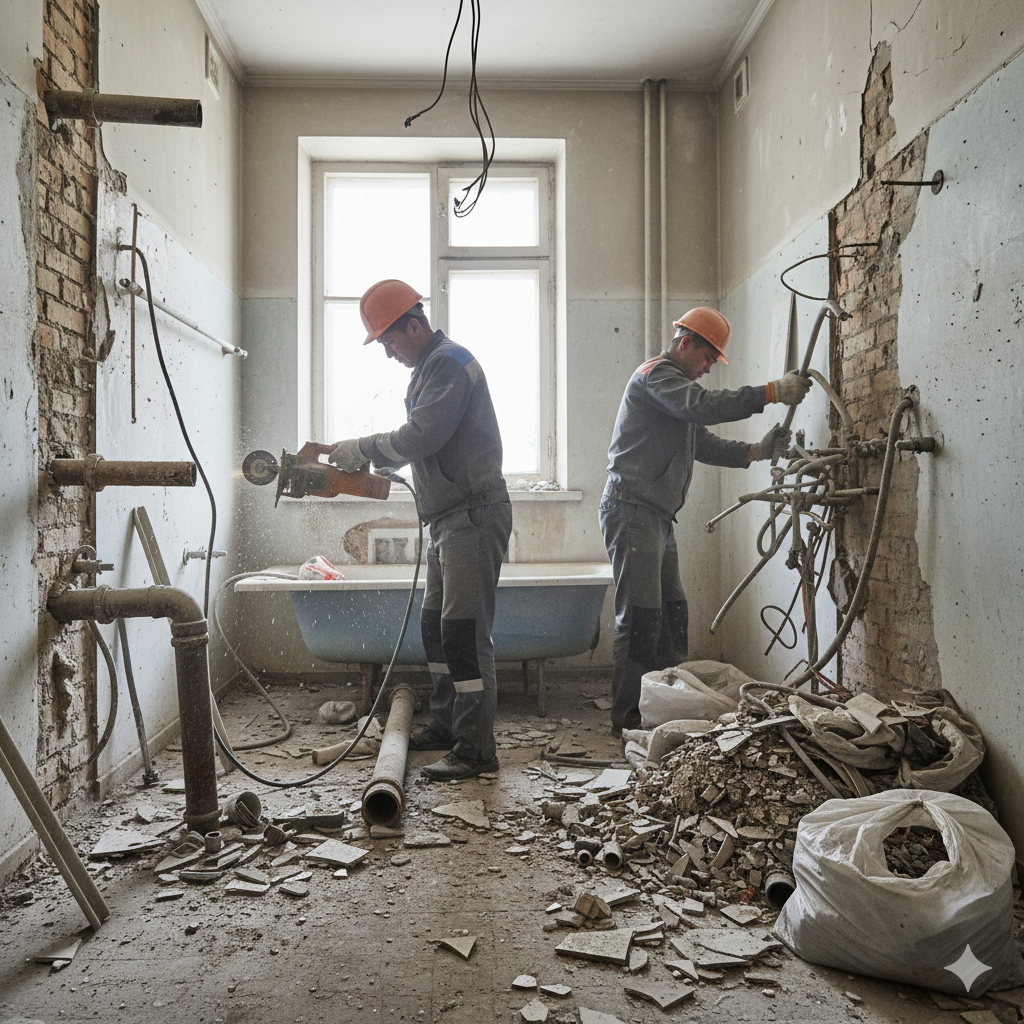 Демонтаж всей старой сантехники и труб в санузле