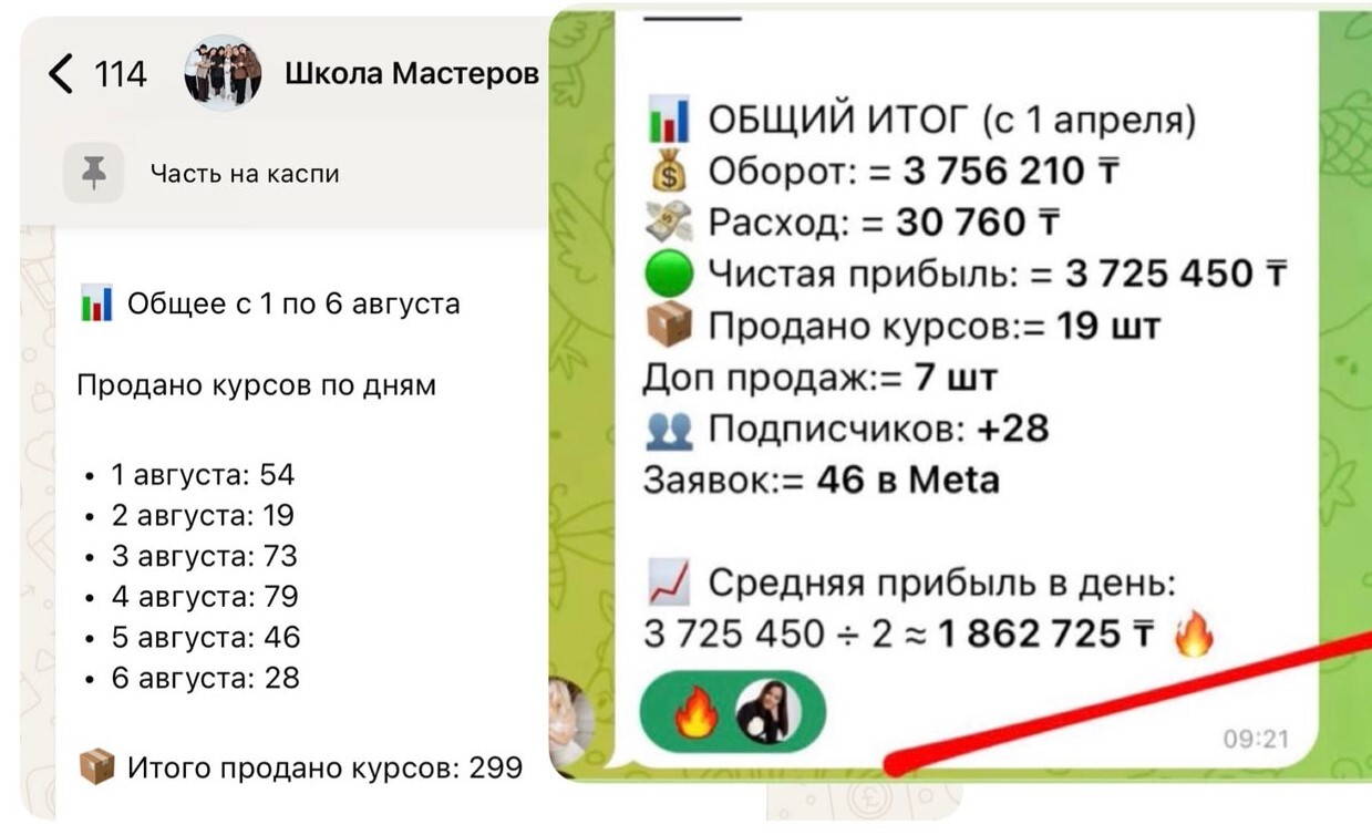 Скриншот статистики продаж Алии