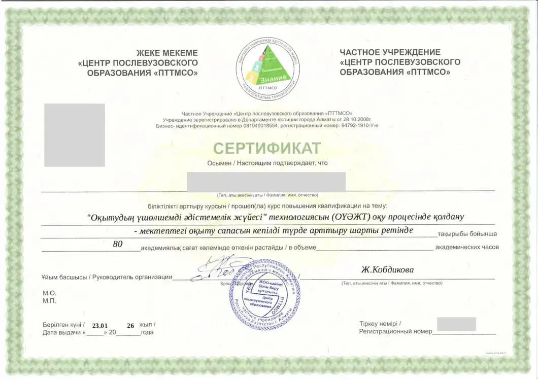 Образец сертификата ЦПО ПТТМСО на 80 академических часов, личные данные скрыты