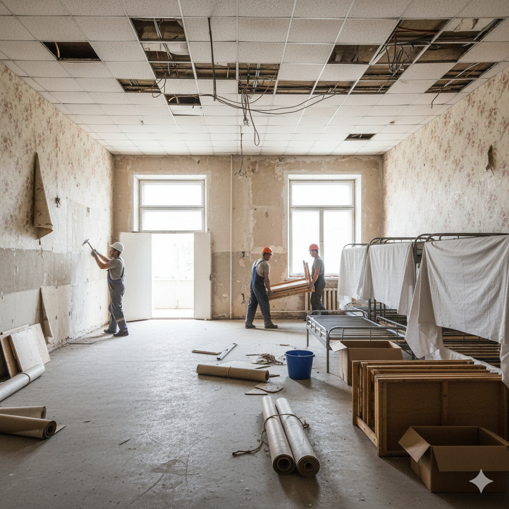 Снятие старой отделки и демонтаж мебели в хостеле