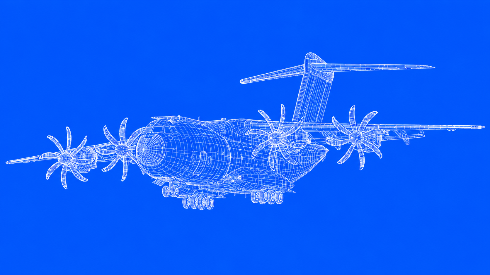 Каркасная 3D-модель транспортного самолёта Airbus A400M на синем фоне