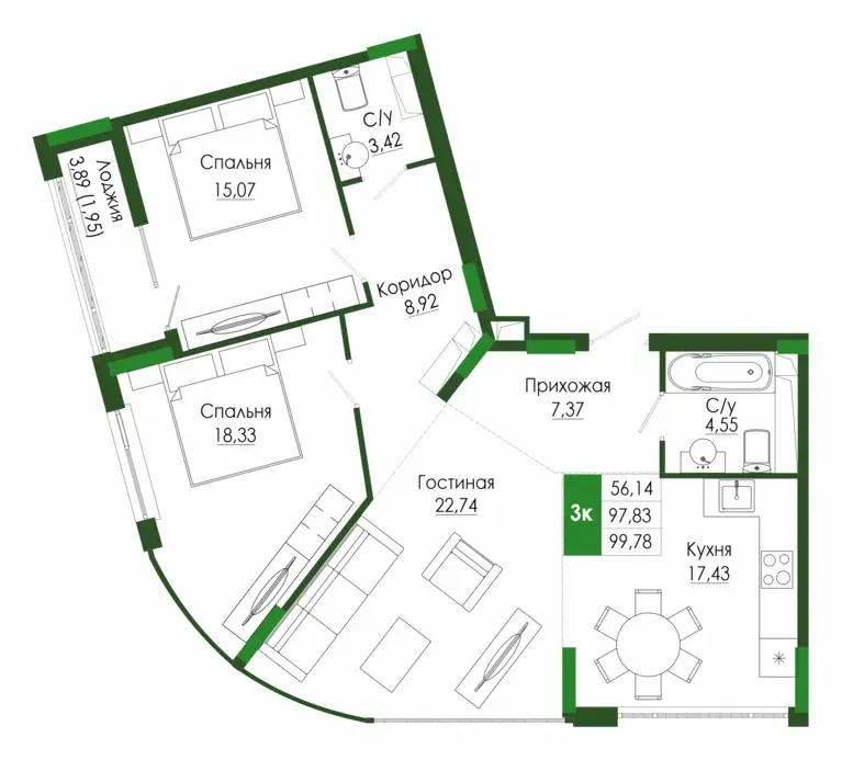 Планировка: Трёхкомнатная квартира, 2 этаж, 99,78 м²