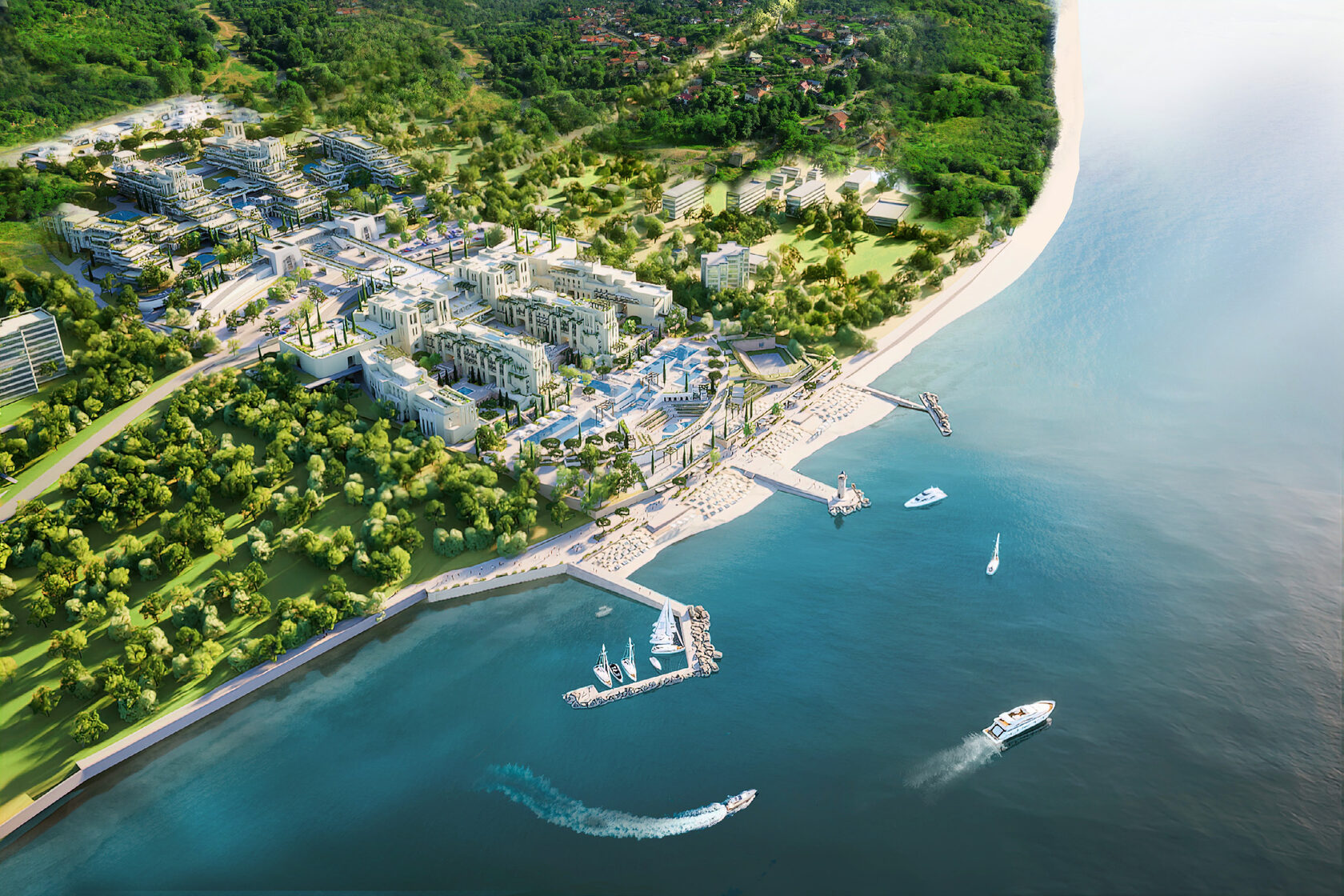 Aerial masterplan view of Azuria Resort along the coastline