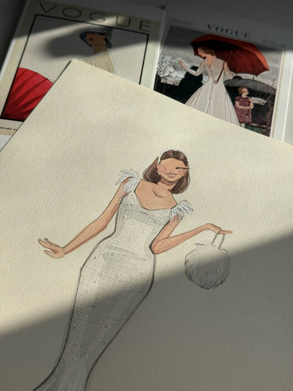 Fashion sketch of woman in fitted white dress with soft shading and highlights, showing white fabric folds and texture