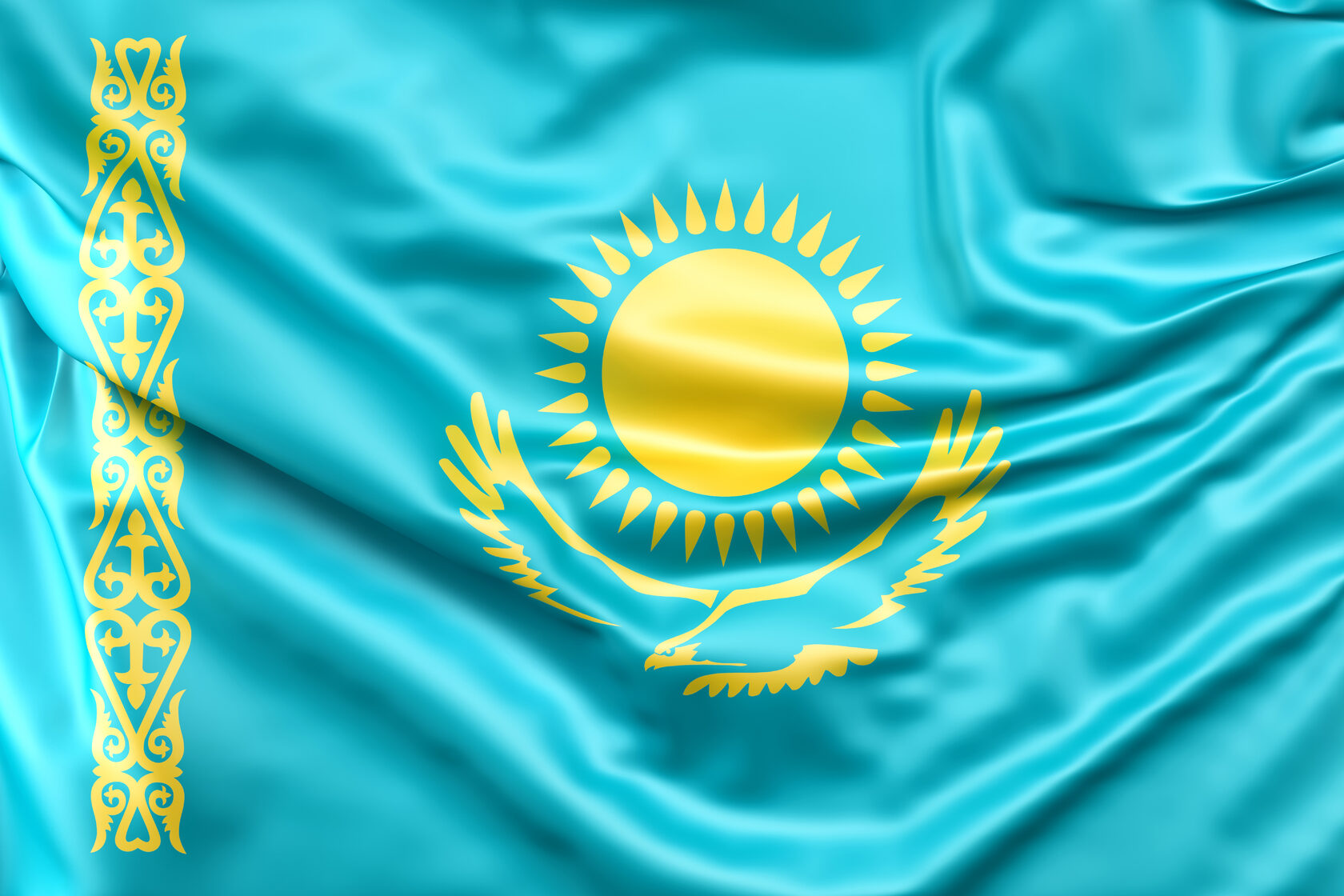 Золотое солнце с лучами-зернами на флаге Казахстана